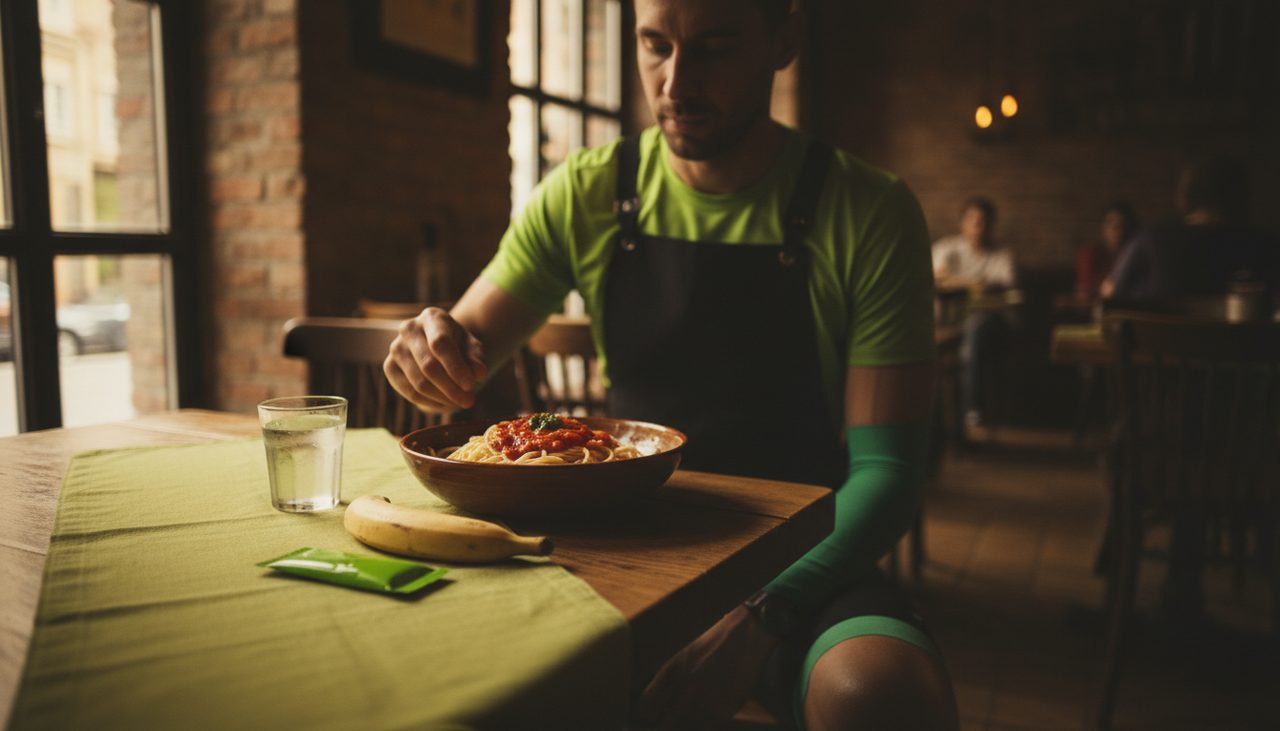 Prato de massa com molho de tomate em mesa de madeira com runner verde-lima, atmosfera intimista