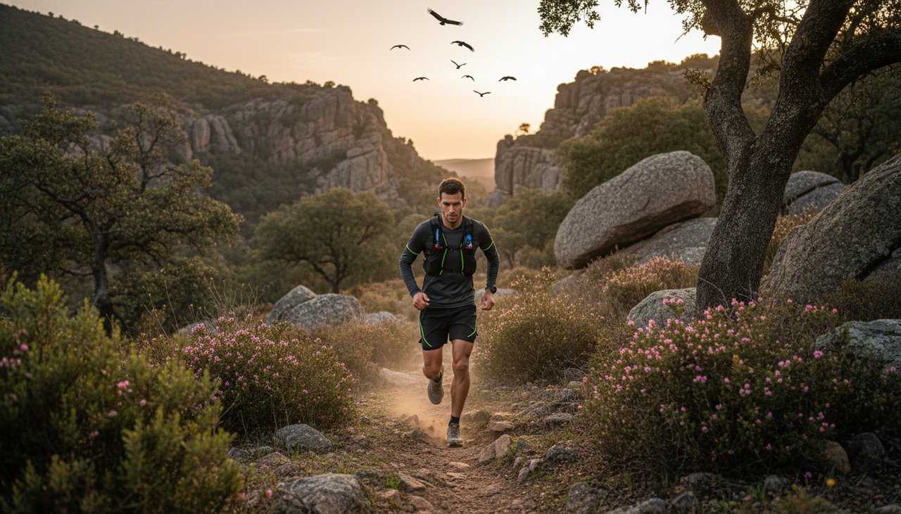 Trail runner em zona rural do interior português com canyon e voo de abutres em fundo