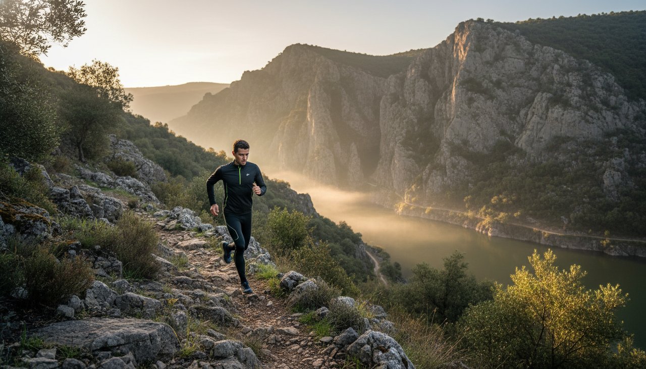 Trail runner ao amanhecer no Caminho de Fátima com paisagem ribatejana e luz suave