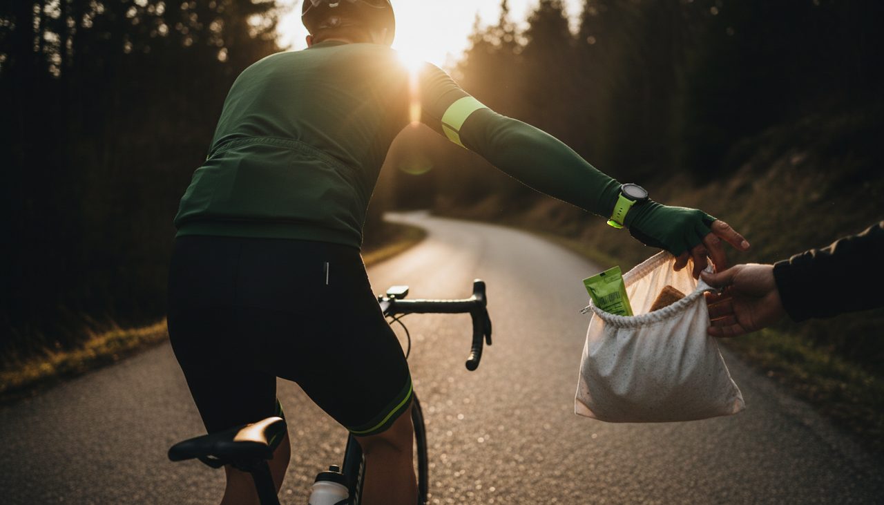 Ciclista a receber musette de soigneur com gel verde-lima a aparecer