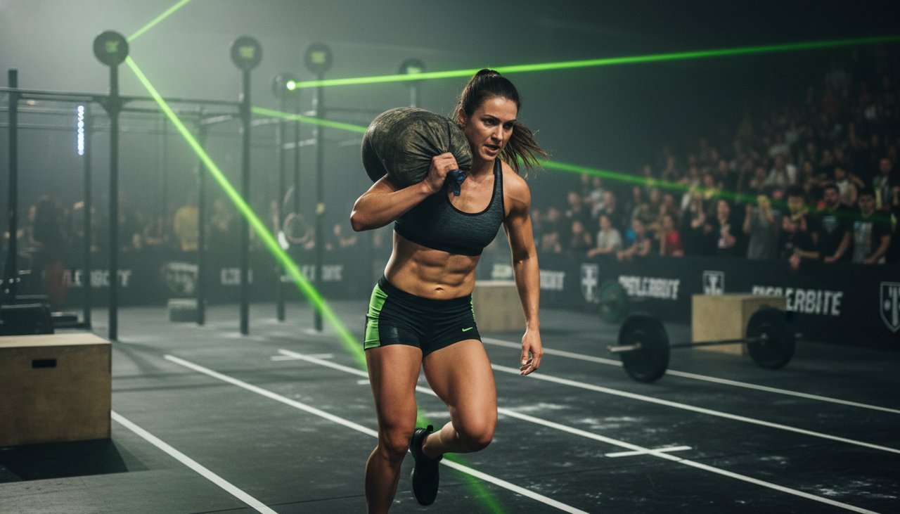 Atleta em zona funcional indoor a carregar sandbag com iluminação dramática