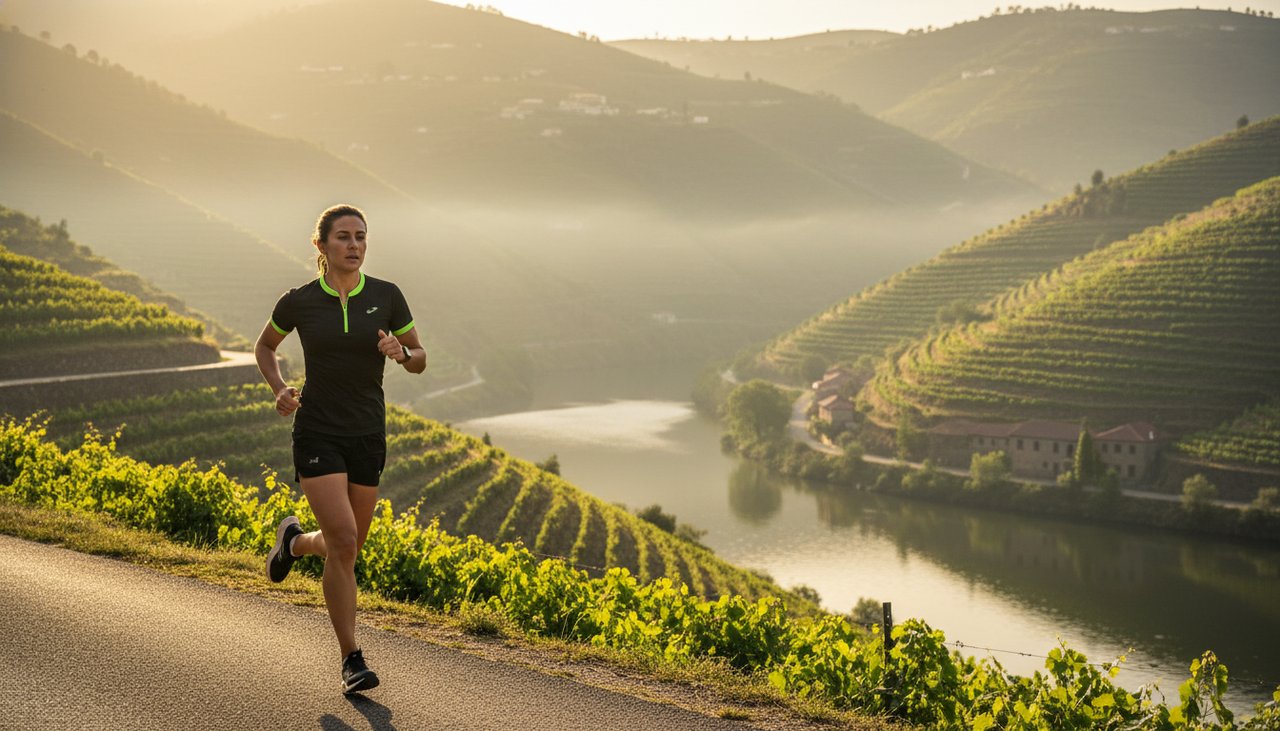 Runner on the N222 road in the Douro Wine Region with terraced vineyards and the Douro river in the background