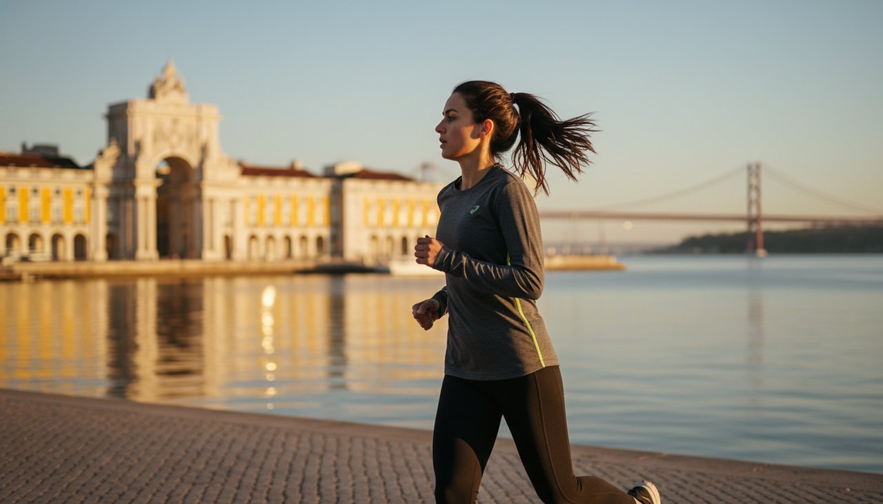 Atleta a correr de manhã na zona ribeirinha de Lisboa com Praça do Comércio e ponte 25 de Abril em fundo