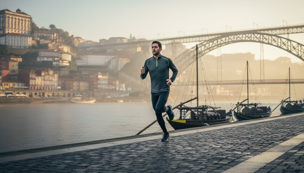 Atleta a correr na Ribeira do Porto com Ponte D. Luís I em fundo, luz suave de novembro