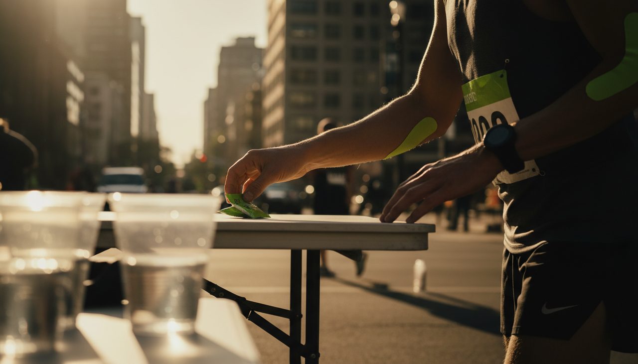 Maratonista a pegar num gel verde-lima sobre mesa de avitualhamento ao golden hour