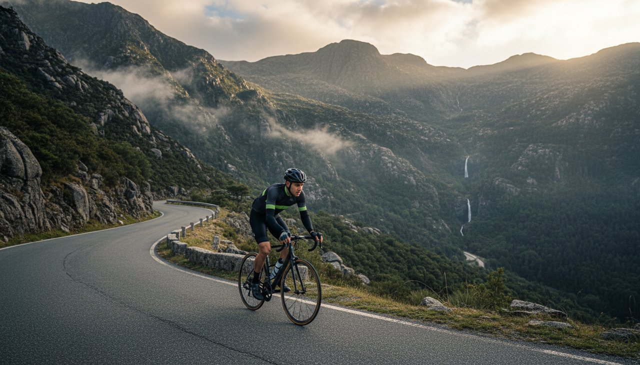 Ciclista em estrada de montanha sinuosa no Parque Nacional Peneda-Gerês com vegetação atlântica e granito