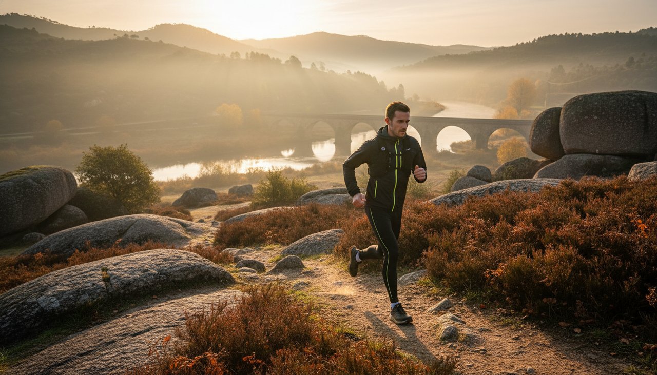 Atleta a correr ao amanhecer em ambiente rural de Chaves com Ponte Romana ao fundo
