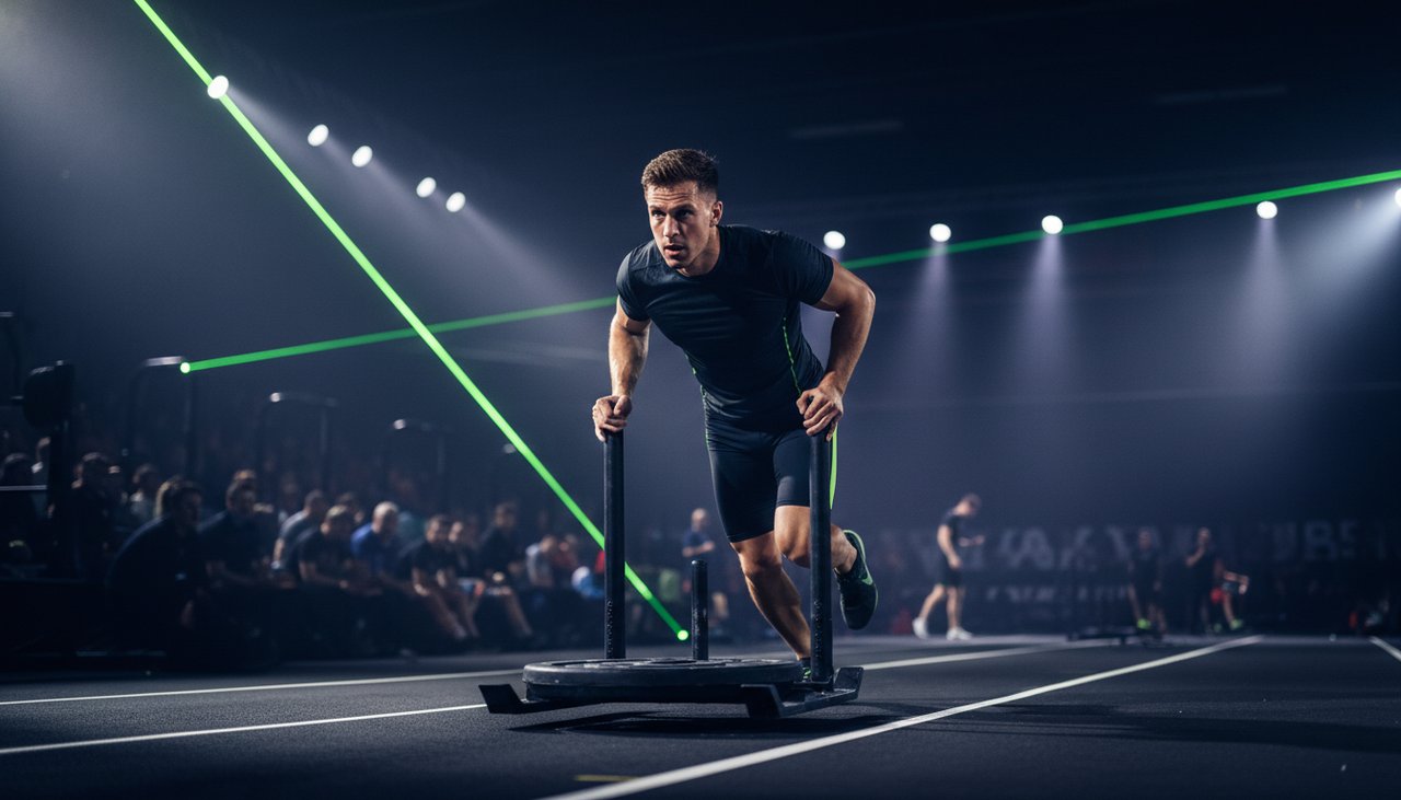 Atleta em ação no sled push da prova HYROX em arena indoor com luzes dramáticas