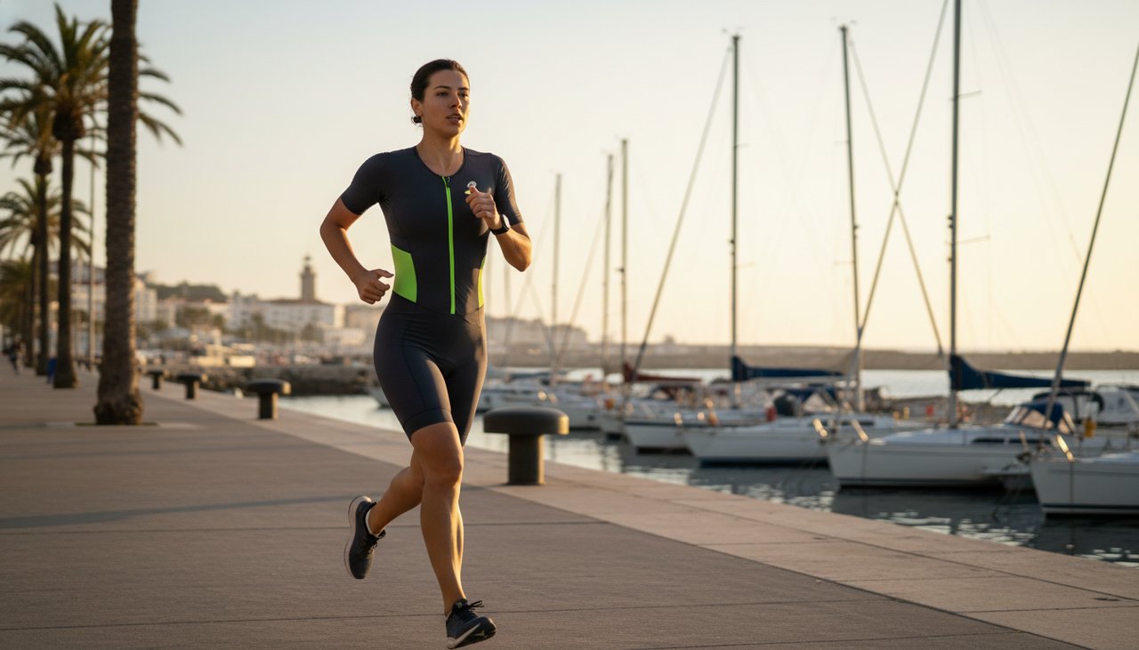 Atleta a correr na marginal de Cascais com Marina e Atlântico em fundo, luz dourada de outubro
