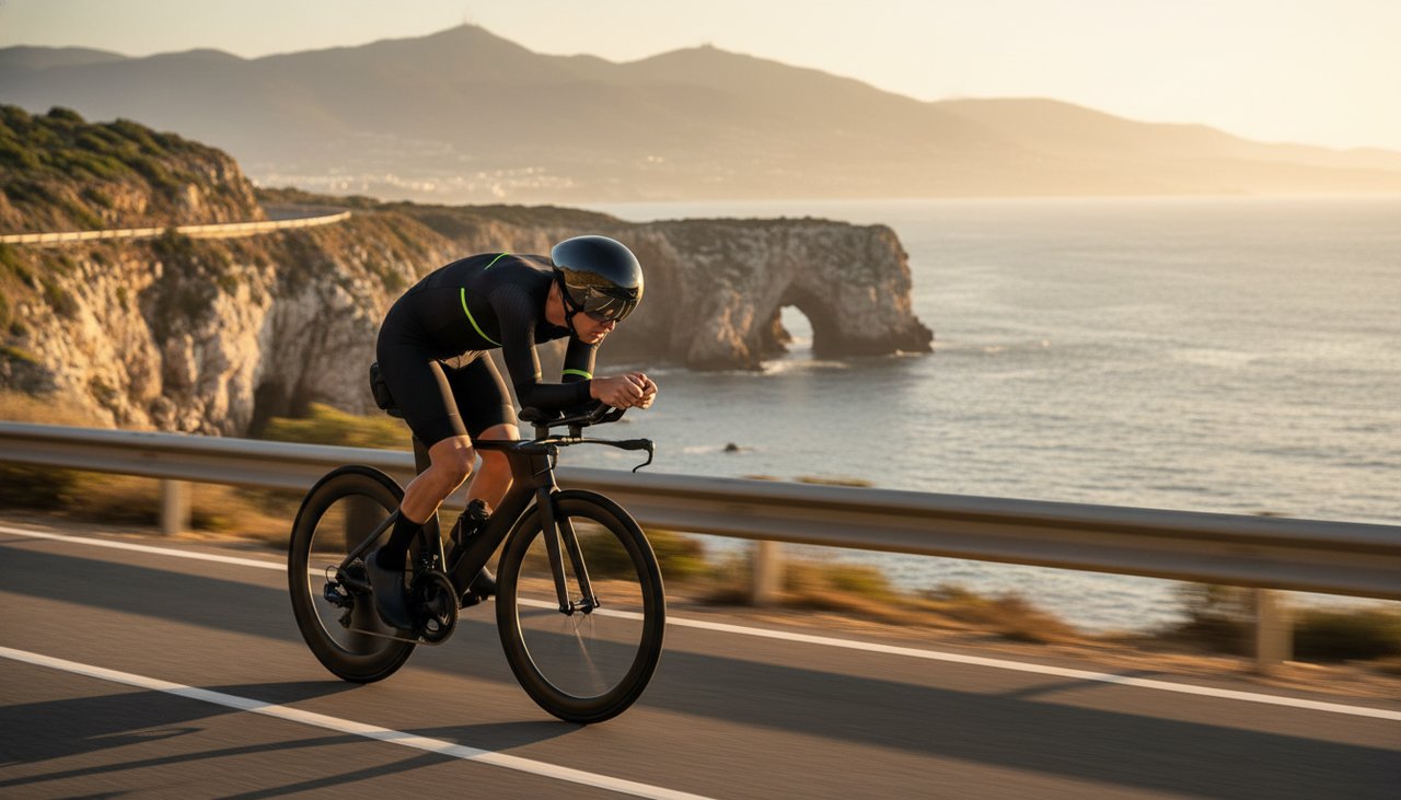 Triatleta em bicicleta de contra-relógio na Estrada do Guincho com Atlântico e Boca do Inferno em fundo
