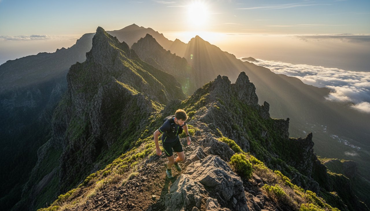 Trail runner a subir crista vulcânica do Pico do Areeiro com mar de nuvens em fundo na Madeira