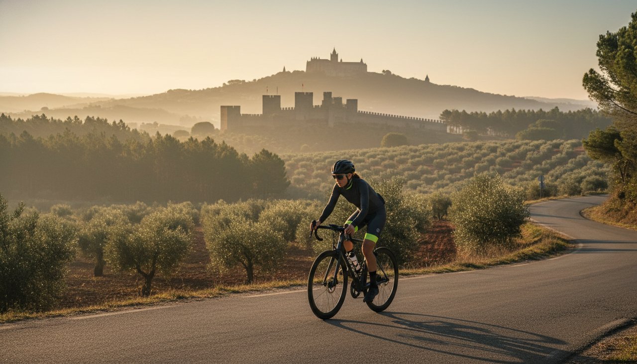 Ciclista em estrada rural do Médio Tejo com Convento de Cristo de Tomar em fundo ao amanhecer