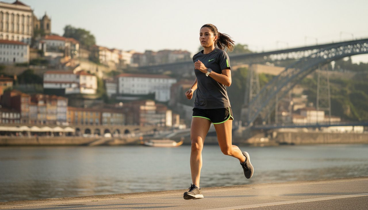 Runner along the Vila Nova de Gaia riverside with views over Porto and the Douro river