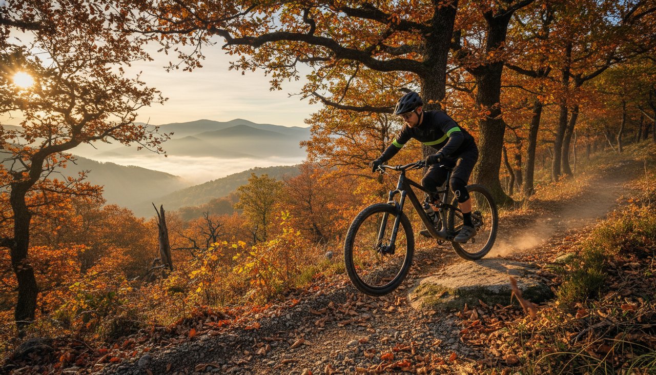Ciclista BTT em descida técnica no Parque Natural de Montesinho com paisagem granítica