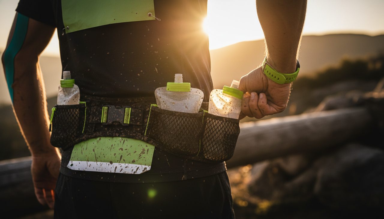 Cinto running com 3 flasks de gel a ser puxado por mão com lama