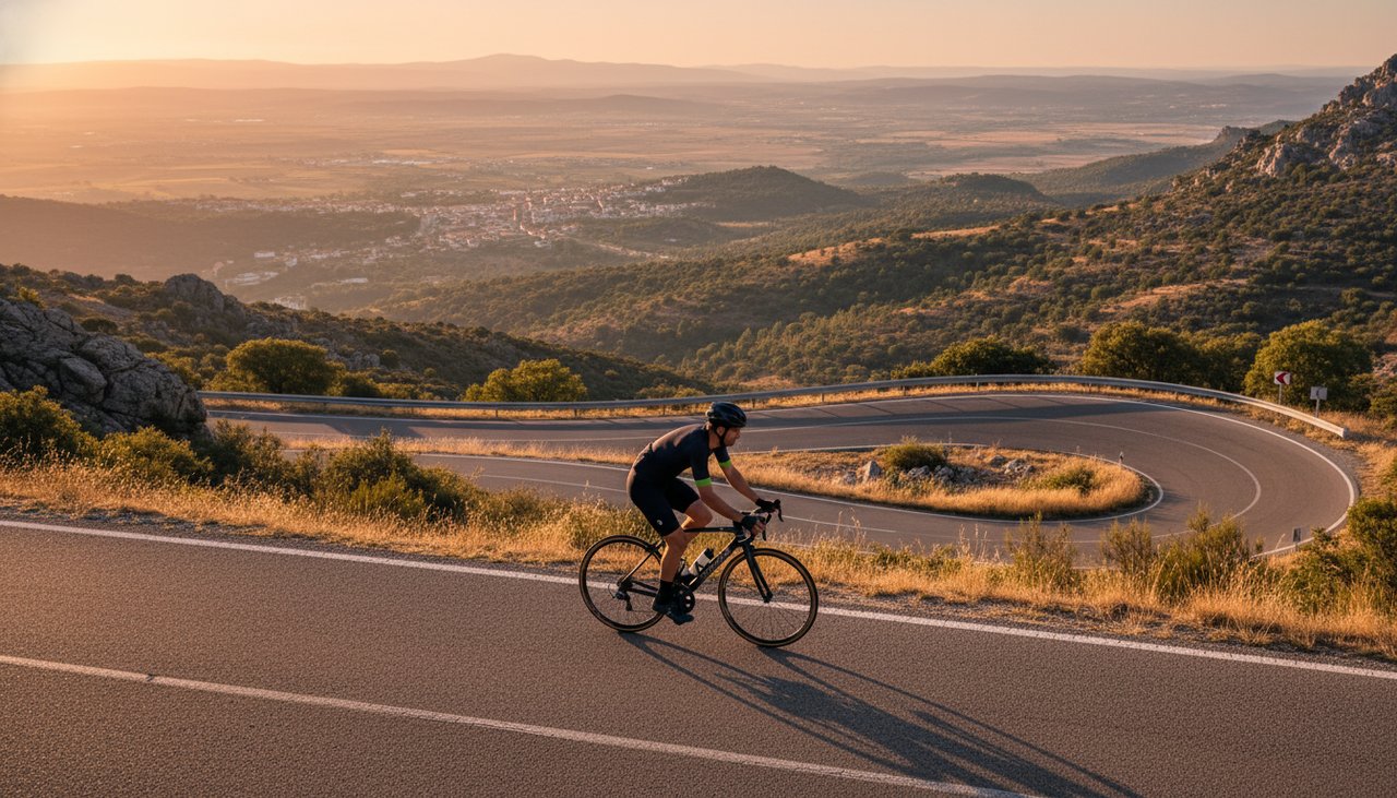 Ciclista em estrada de montanha sinuosa da Serra de São Mamede com paisagem alentejana