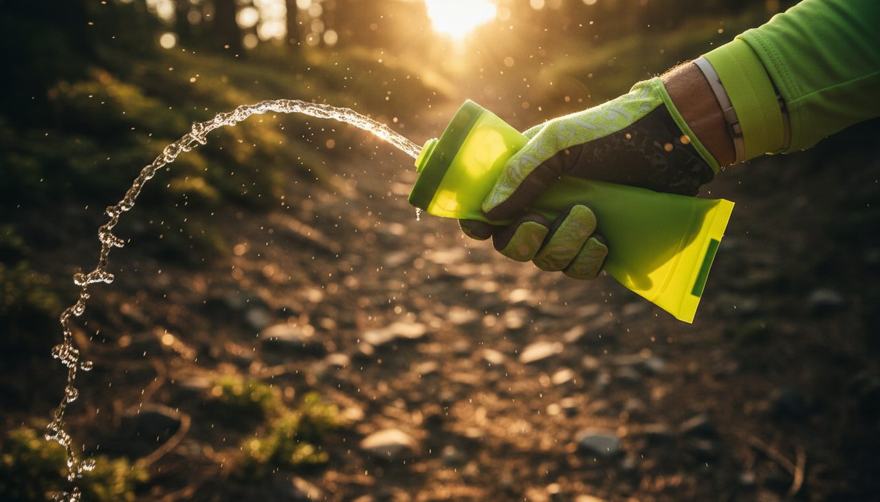 Mão com luva verde-lima a apertar soft flask durante descida técnica de trail