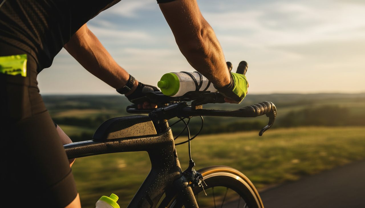 Garrafa aero a ser inserida entre tri-bars de uma bicicleta de triatlo