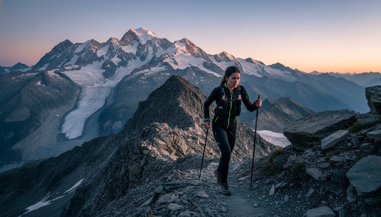 Trail runner a subir crista alpina com Mont-Blanc e geleiras em fundo ao amanhecer