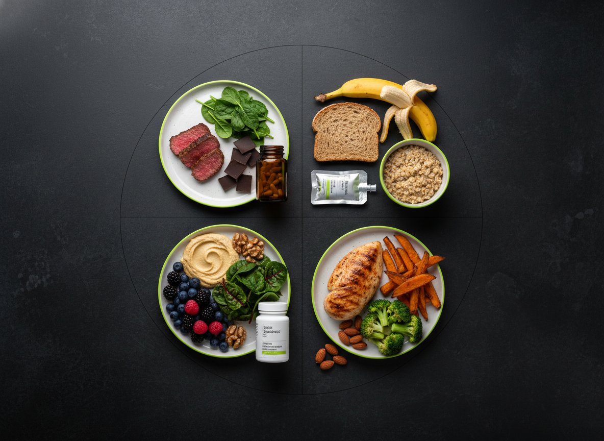 Composição editorial em pratos com lima, dividida em quatro fases do ciclo: carne magra com espinafres, pão integral com banana, frango com vegetais, frutos vermelhos com frutos secos