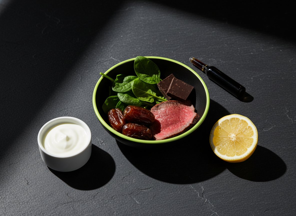 Taça com bordas verde-lima contendo espinafres, tâmaras, carne magra e chocolate preto, com limão cortado, frasco de ferro em vidro e iogurte natural em fundo escuro